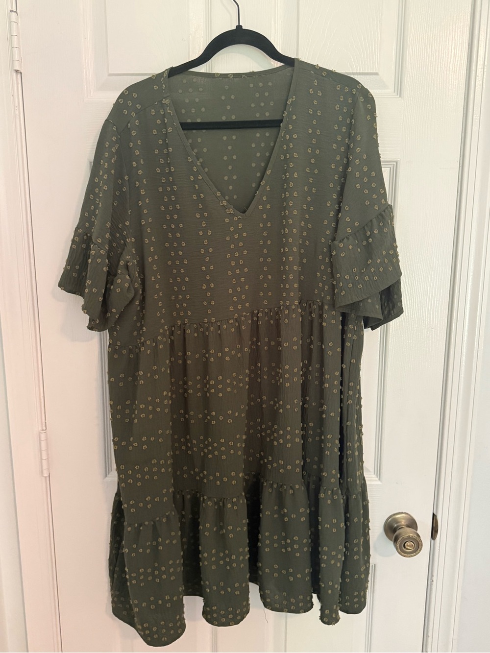 SHEIN Olive Green V-Neck Tiered Dot Babydoll dress